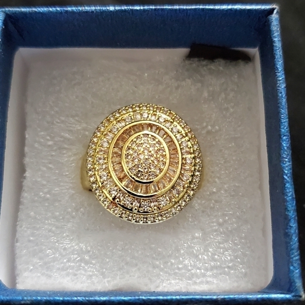Unisex Simulated Diamond Italian Medallion Ring Goldtone Brass